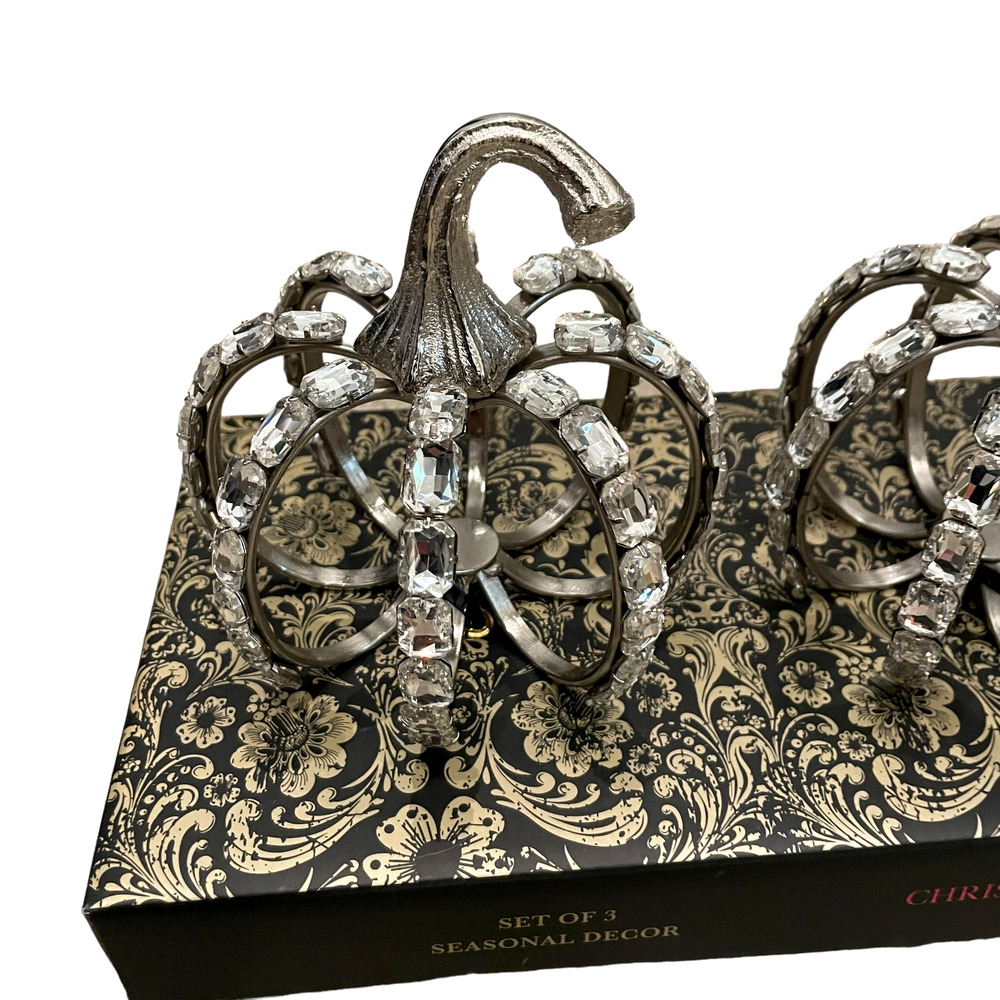 Christian Siriano Crystal Jeweled Metal Pumpkins Set of 3 Silver Halloween GLAM - Picture 9 of 13